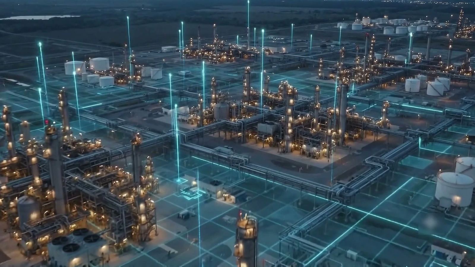 An industrial plant at dusk, its sites joined by a glowing data network