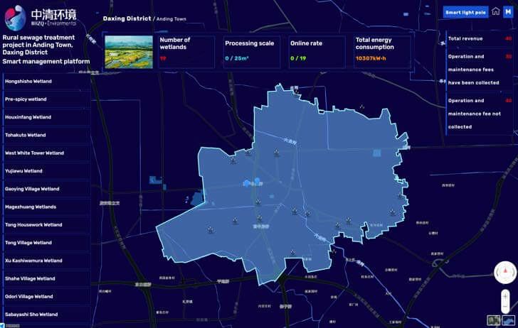 A dark map dashboard of the Daxing district with the wetland areas listed and key figures above the map